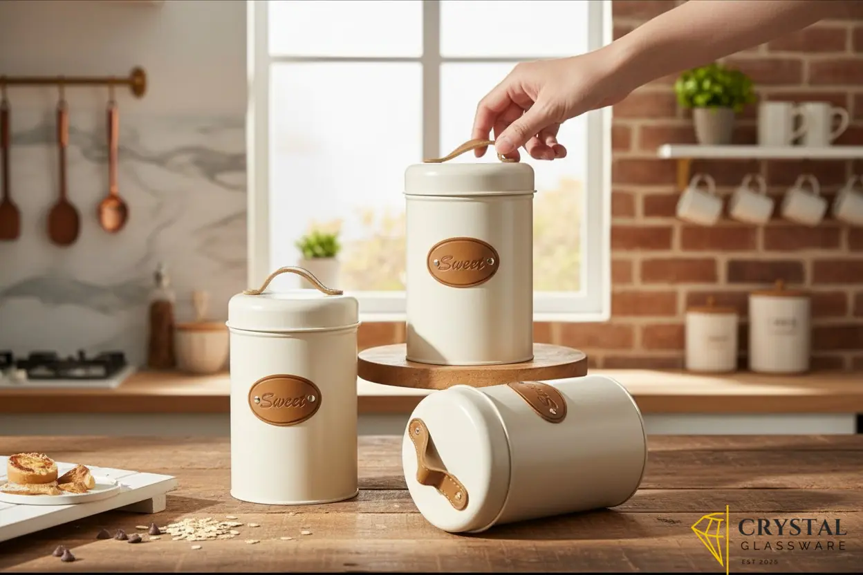 3 white galvanized iron canisters features airtight lids with PU leather handles for storing kitchen essentials like coffee, tea, or sugar